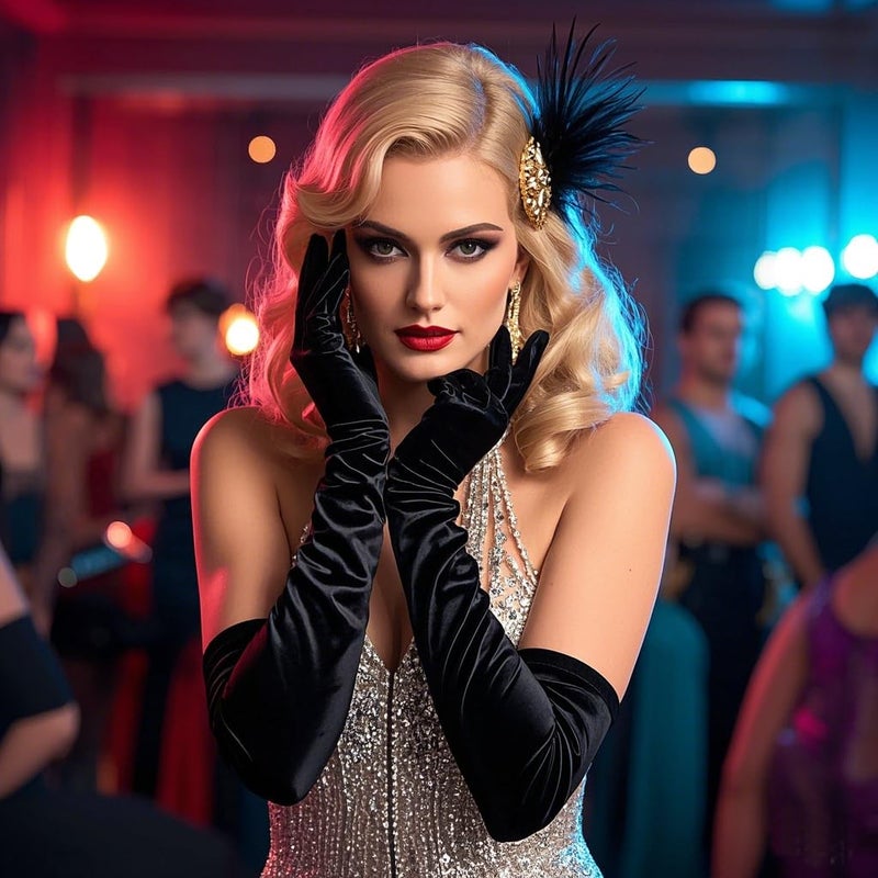 Wobe Long Opera Party 20s Satin Gloves Stretchy Adult Size Elbow Length Wedding Black - Image 4